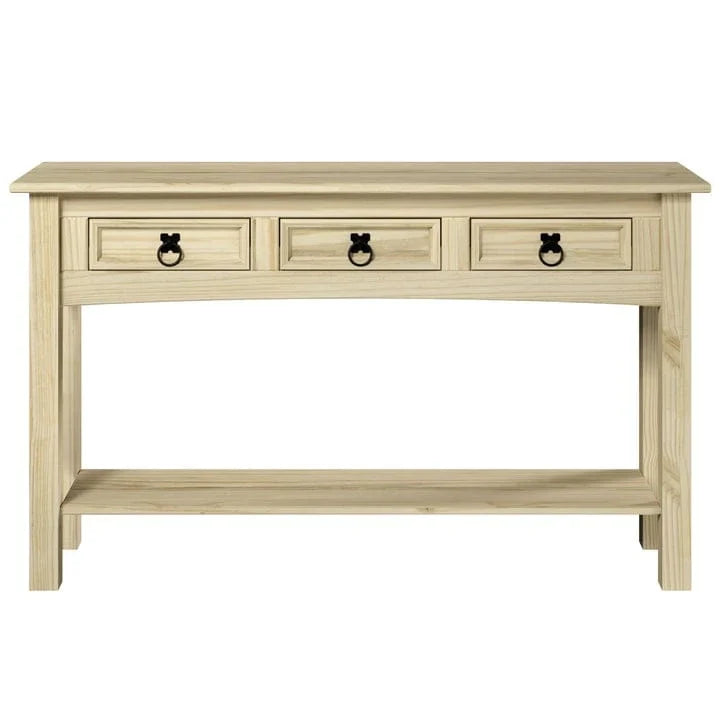 Tavolo Consolle Rustico in Pino Massiccio per Ingresso, Bianco Decapato / Marrone Antico / Grigio Decapato / Non Verniciato, 3 Cassetti