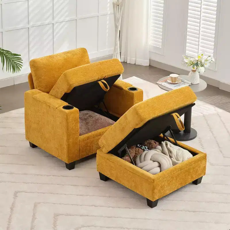 Poltrona accent in ciniglia Beige/Nero/Oro/Grigio con pouf, stile moderno, monoposto