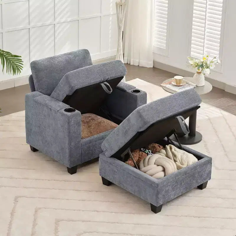 Poltrona accent in ciniglia Beige/Nero/Oro/Grigio con pouf, stile moderno, monoposto