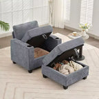 Poltrona accent in ciniglia Beige/Nero/Oro/Grigio con pouf, stile moderno, monoposto