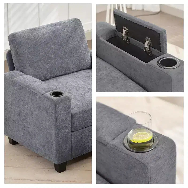 Poltrona accent in ciniglia Beige/Nero/Oro/Grigio con pouf, stile moderno, monoposto