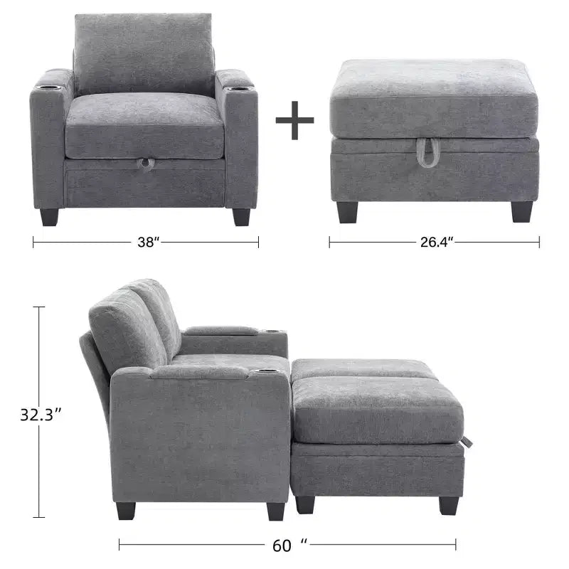 Poltrona accent in ciniglia Beige/Nero/Oro/Grigio con pouf, stile moderno, monoposto