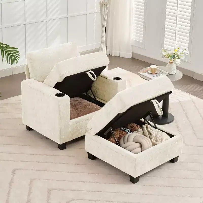 Poltrona accent in ciniglia Beige/Nero/Oro/Grigio con pouf, stile moderno, monoposto
