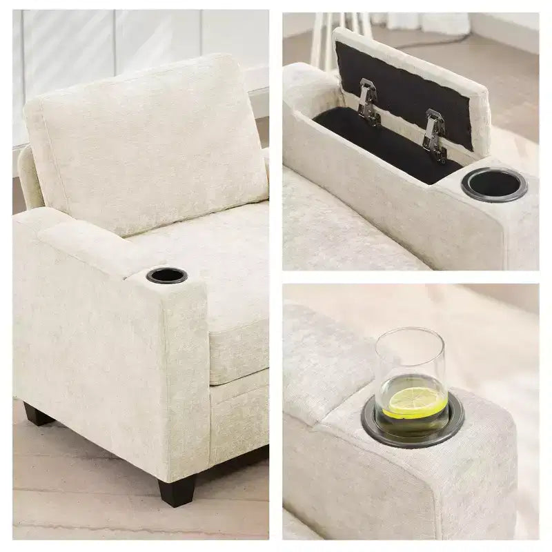 Poltrona accent in ciniglia Beige/Nero/Oro/Grigio con pouf, stile moderno, monoposto