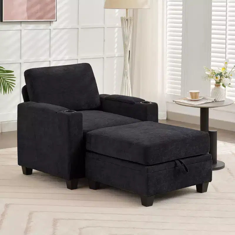 Poltrona accent in ciniglia Beige/Nero/Oro/Grigio con pouf, stile moderno, monoposto