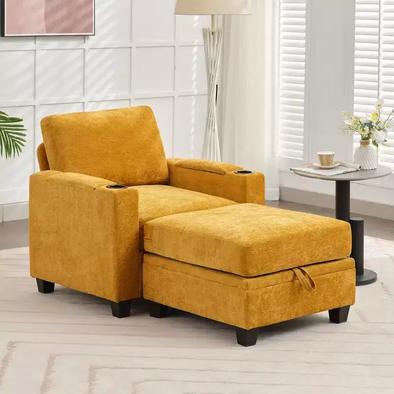 Poltrona accent in ciniglia Beige/Nero/Oro/Grigio con pouf, stile moderno, monoposto