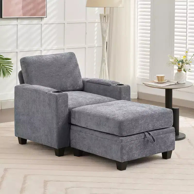 Poltrona accent in ciniglia Beige/Nero/Oro/Grigio con pouf, stile moderno, monoposto