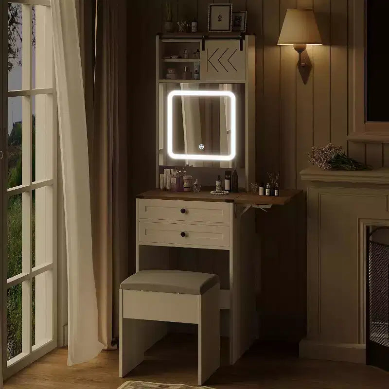 ELECWISH Vanity Desk with Mirror&Lights, Farmhouse Small Makeup Vanity with Fold Up Panel, 3 Light Modes, Storage Chair, Compact Dressing Table, White