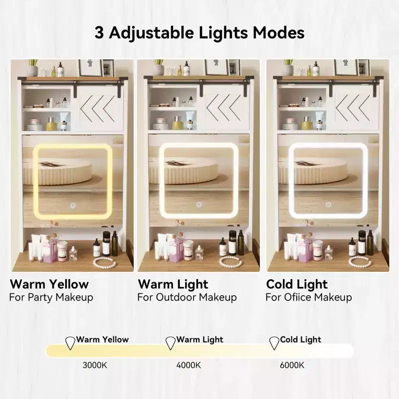 ELECWISH Vanity Desk with Mirror&Lights, Farmhouse Small Makeup Vanity with Fold Up Panel, 3 Light Modes, Storage Chair, Compact Dressing Table, White