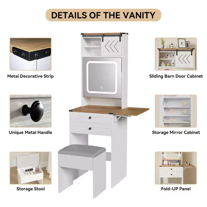 ELECWISH Vanity Desk with Mirror&Lights, Farmhouse Small Makeup Vanity with Fold Up Panel, 3 Light Modes, Storage Chair, Compact Dressing Table, White