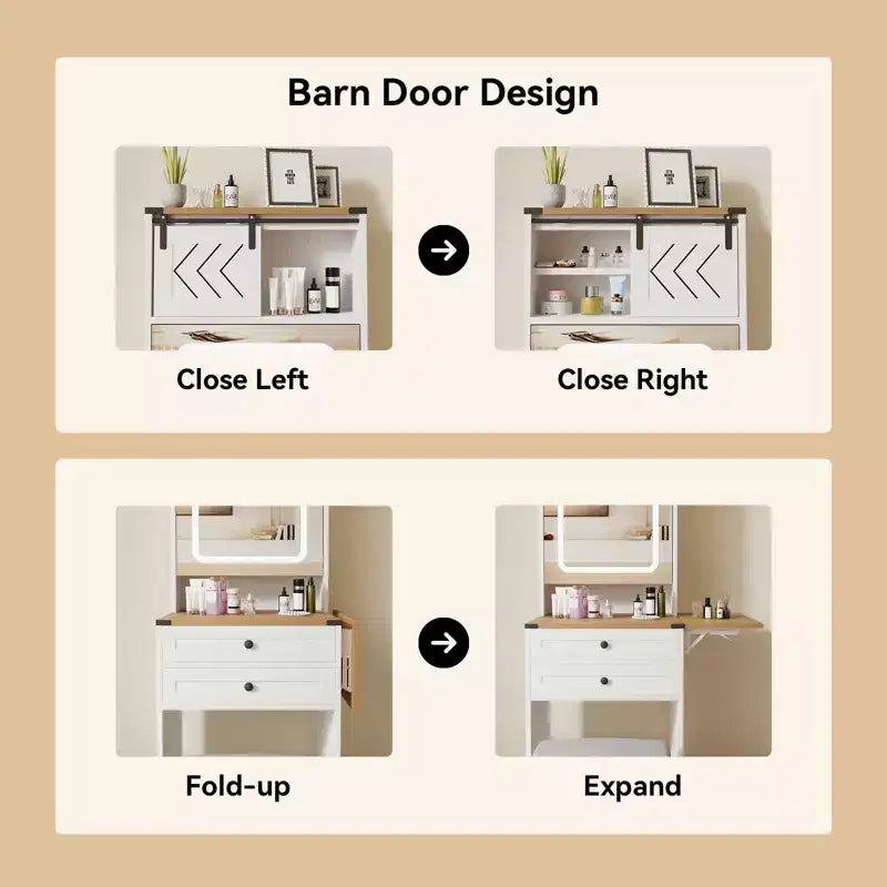 ELECWISH Vanity Desk with Mirror&Lights, Farmhouse Small Makeup Vanity with Fold Up Panel, 3 Light Modes, Storage Chair, Compact Dressing Table, White
