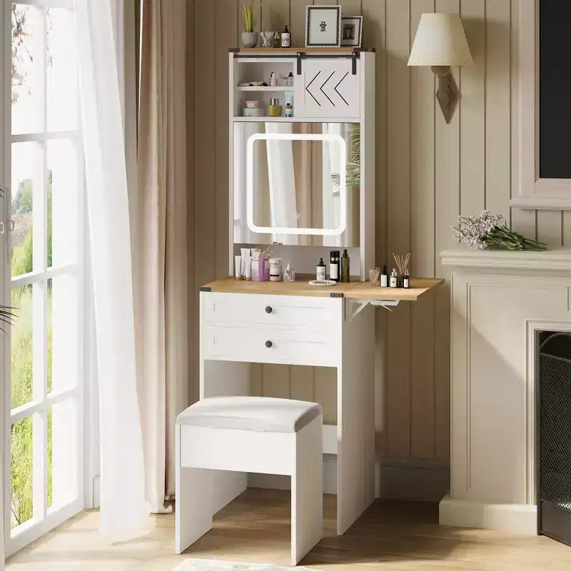 ELECWISH Vanity Desk with Mirror&Lights, Farmhouse Small Makeup Vanity with Fold Up Panel, 3 Light Modes, Storage Chair, Compact Dressing Table, White