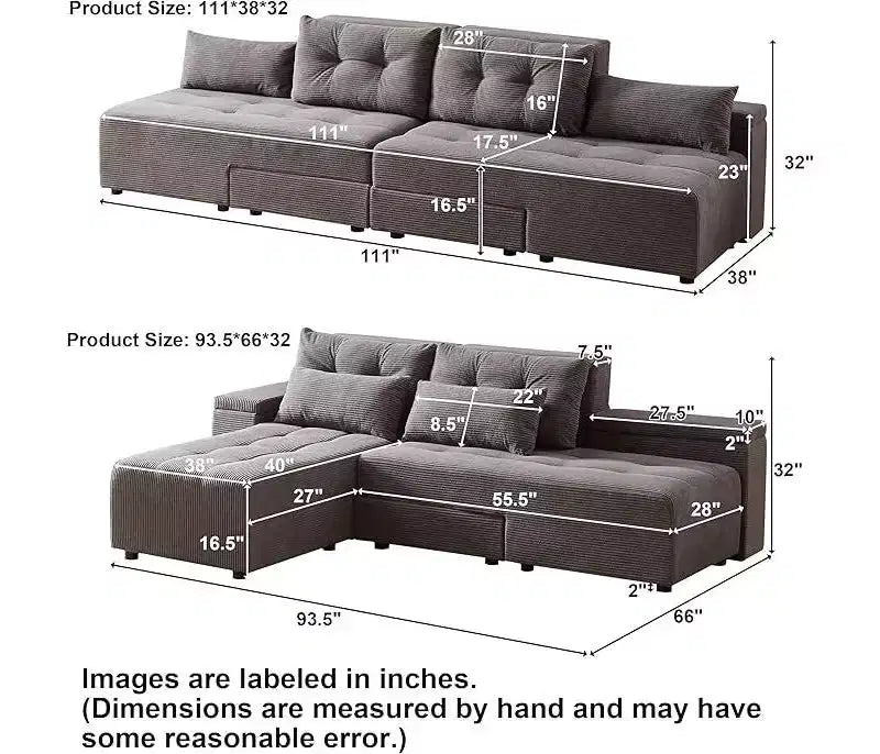 GDFStudio Andy 111 Upholstered Modular Sectional Sofa with 4 Pillows and Storage