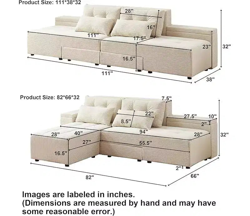 GDFStudio Andy 111 Upholstered Modular Sectional Sofa with 4 Pillows and Storage