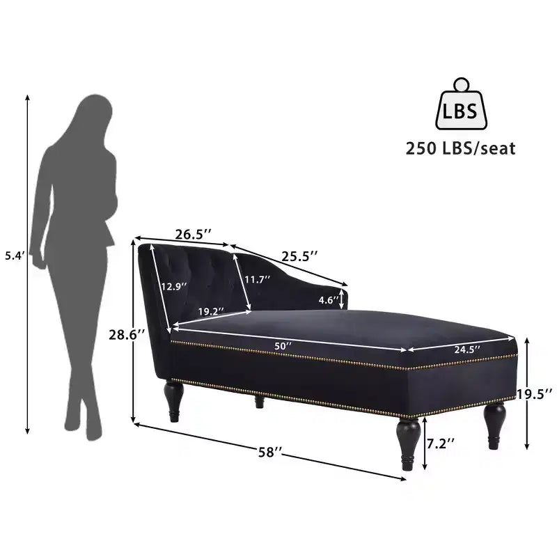 Divano chaise longue in velluto nero/blu, bracciolo a destra, 1 posto