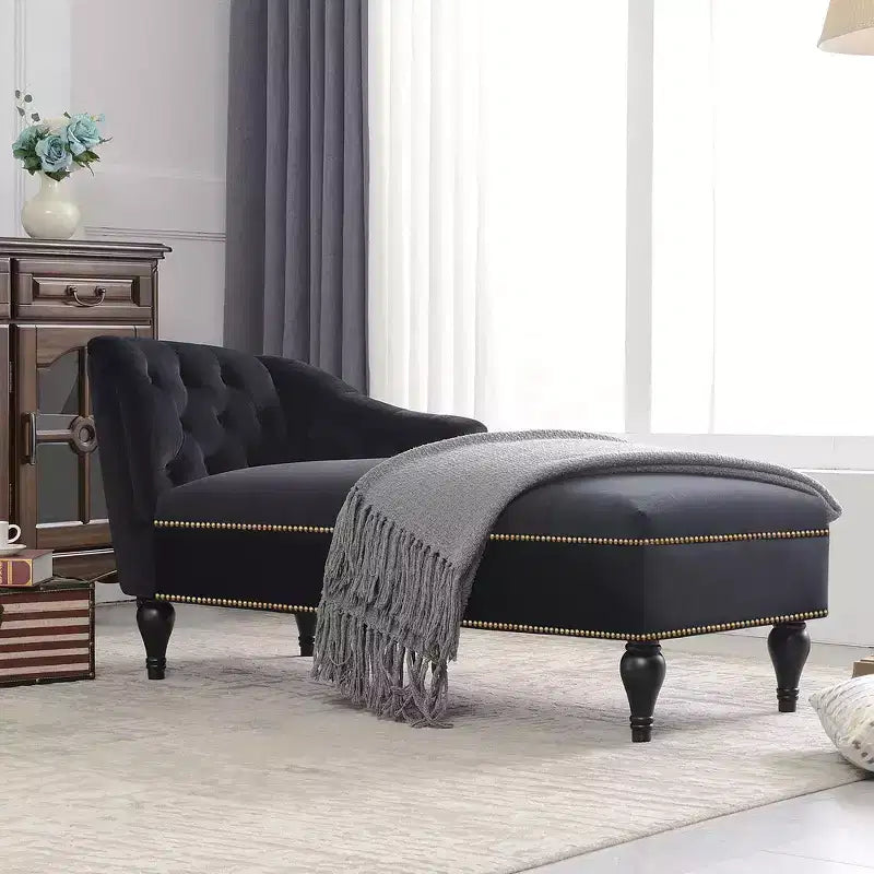 Divano chaise longue in velluto nero/blu, bracciolo a destra, 1 posto