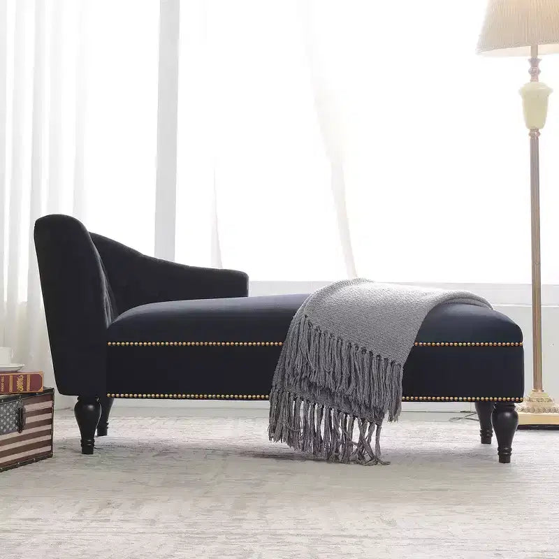 Divano chaise longue in velluto nero/blu, bracciolo a destra, 1 posto