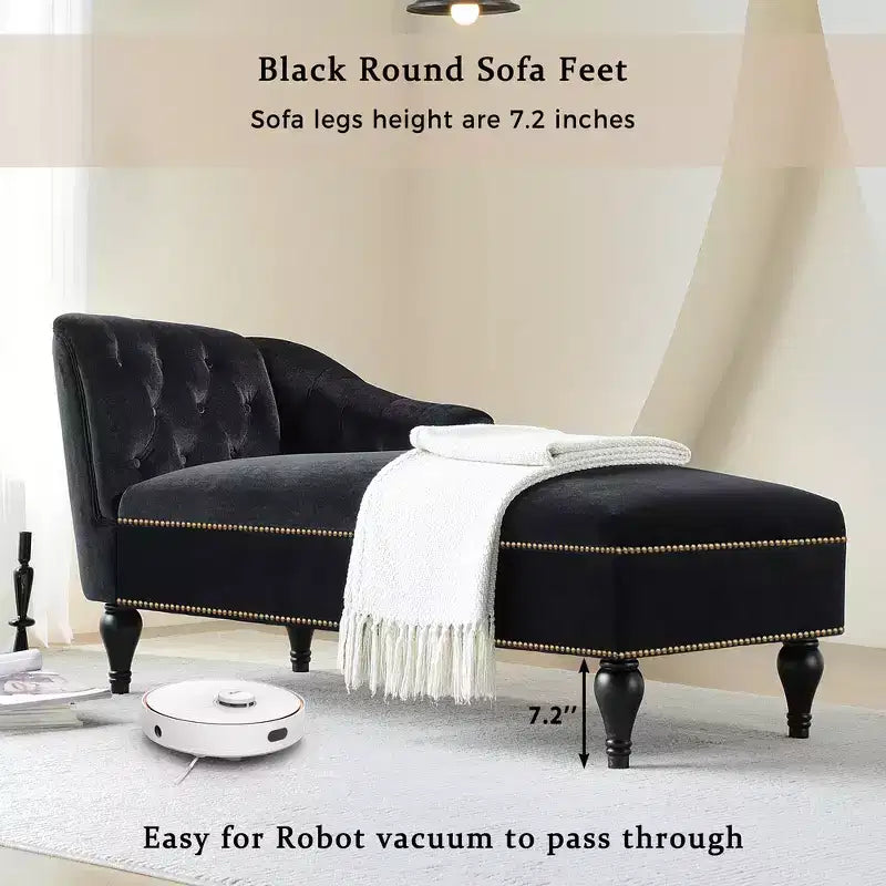 Divano chaise longue in velluto nero/blu, bracciolo a destra, 1 posto