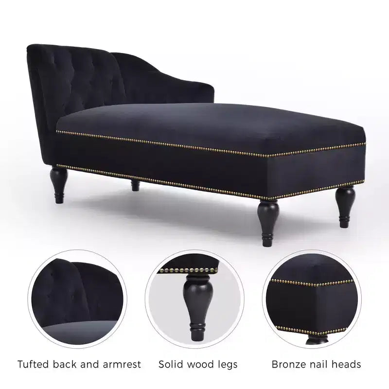 Divano chaise longue in velluto nero/blu, bracciolo a destra, 1 posto
