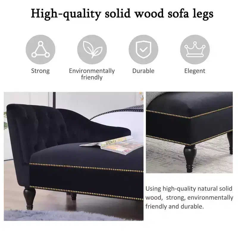 Divano chaise longue in velluto nero/blu, bracciolo a destra, 1 posto