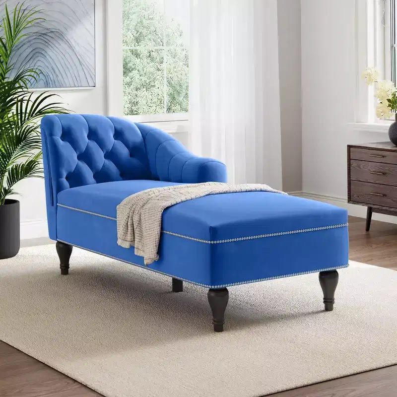 Divano chaise longue in velluto nero/blu, bracciolo a destra, 1 posto