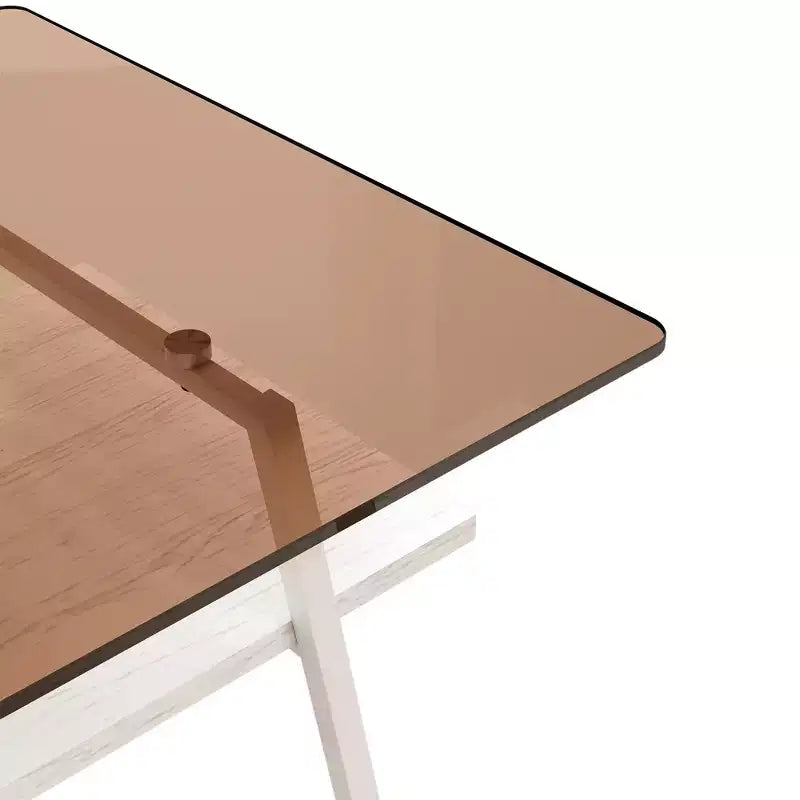 Mayeerty Rectangle Coffee Table, Tempered Glass Tabletop with White Metal Legs, Modern Table for Living Room , Brown Glass
