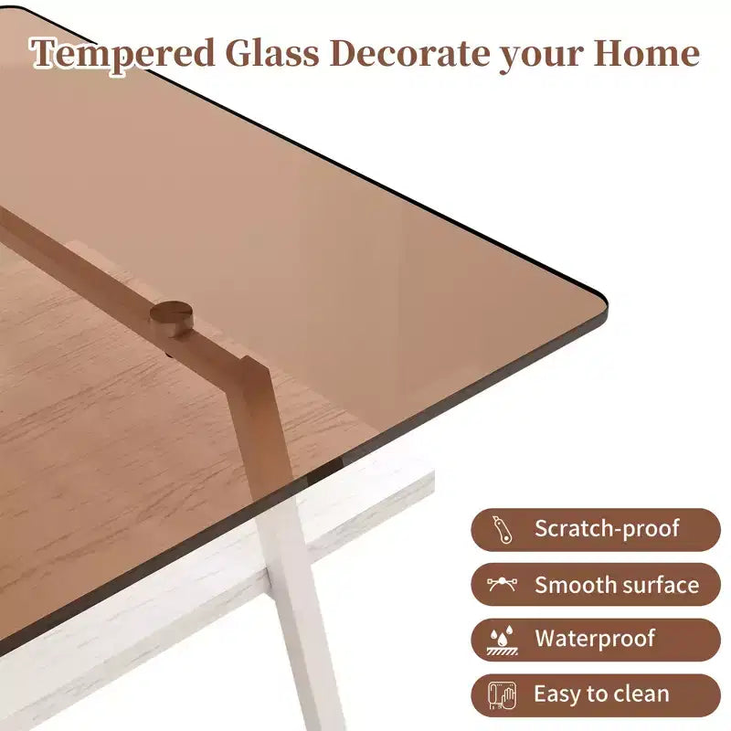 Mayeerty Rectangle Coffee Table, Tempered Glass Tabletop with White Metal Legs, Modern Table for Living Room , Brown Glass