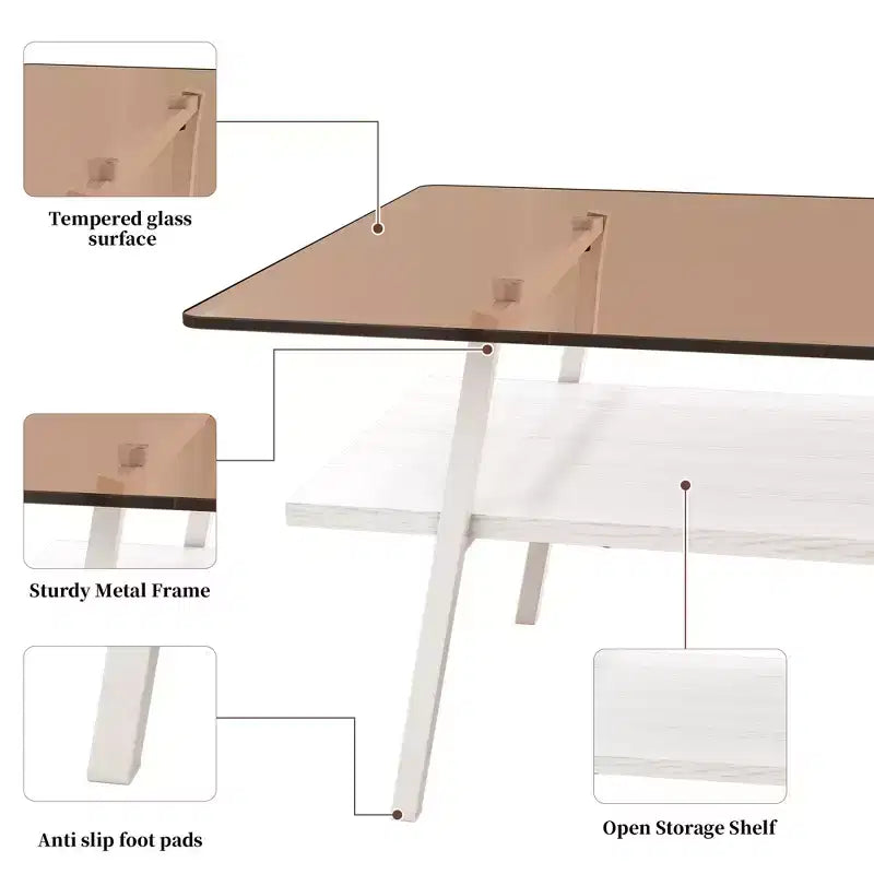 Mayeerty Rectangle Coffee Table, Tempered Glass Tabletop with White Metal Legs, Modern Table for Living Room , Brown Glass
