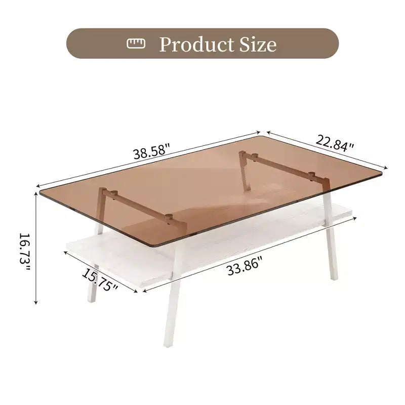Mayeerty Rectangle Coffee Table, Tempered Glass Tabletop with White Metal Legs, Modern Table for Living Room , Brown Glass