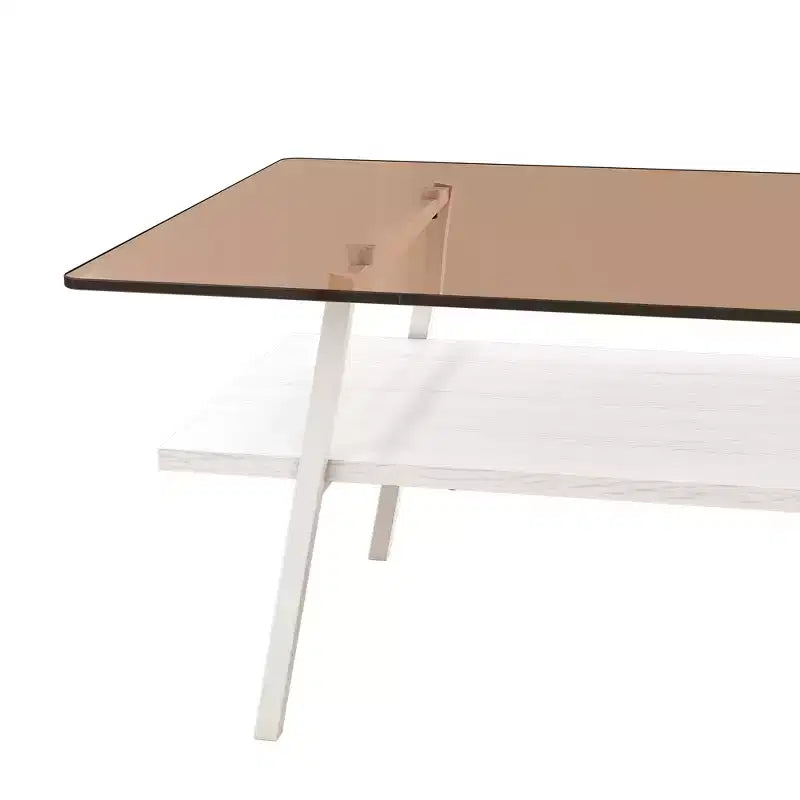 Mayeerty Rectangle Coffee Table, Tempered Glass Tabletop with White Metal Legs, Modern Table for Living Room , Brown Glass