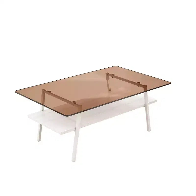 Mayeerty Rectangle Coffee Table, Tempered Glass Tabletop with White Metal Legs, Modern Table for Living Room , Brown Glass