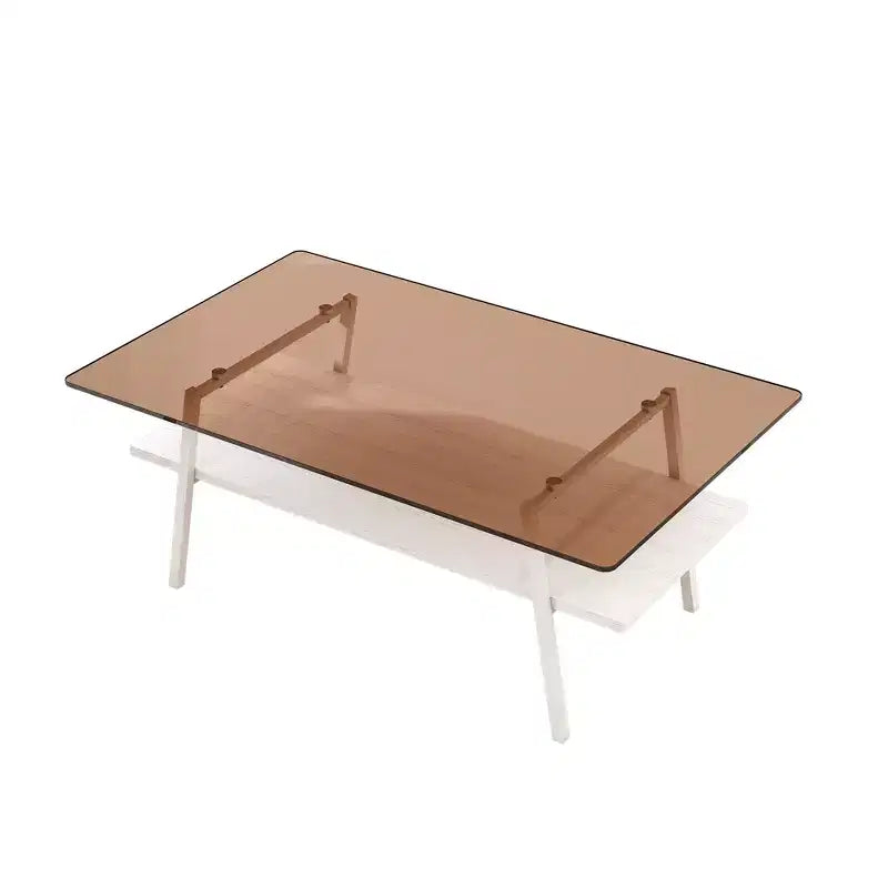 Mayeerty Rectangle Coffee Table, Tempered Glass Tabletop with White Metal Legs, Modern Table for Living Room , Brown Glass