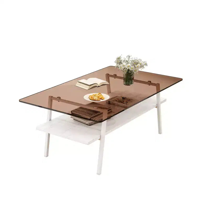 Mayeerty Rectangle Coffee Table, Tempered Glass Tabletop with White Metal Legs, Modern Table for Living Room , Brown Glass