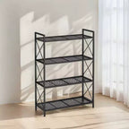 Scaffale Metallico a 4 Ripiani Nero Inchiostro con Barre Laterali a X, Utente Singolo