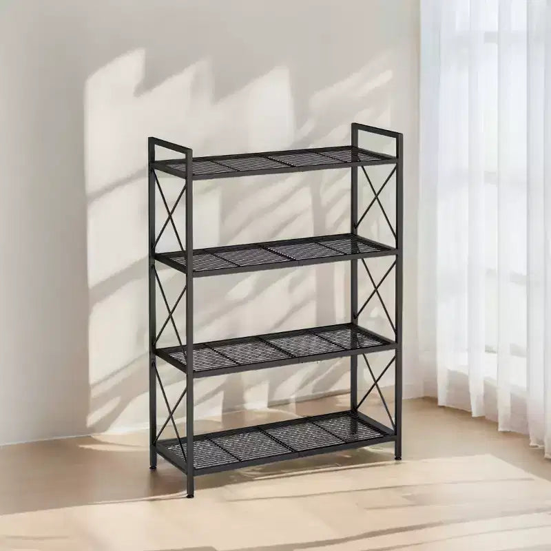 Scaffale Metallico a 4 Ripiani Nero Inchiostro con Barre Laterali a X, Utente Singolo