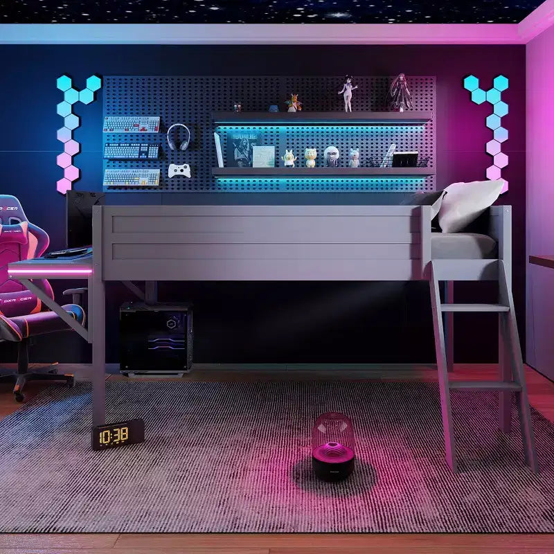 Letto a soppalco da gaming grigio con scrivania e LED, singolo/matrimoniale, 1 persona