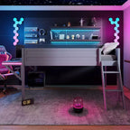 Letto a soppalco da gaming grigio con scrivania e LED, singolo/matrimoniale, 1 persona