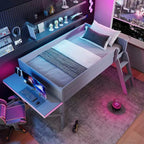 Letto a soppalco da gaming grigio con scrivania e LED, singolo/matrimoniale, 1 persona