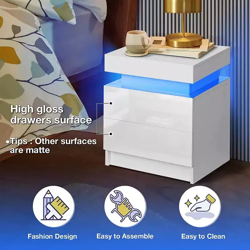 Comodino moderno a LED bianco/nero con 2 cassetti, per 1