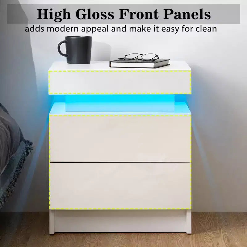 Comodino moderno a LED bianco/nero con 2 cassetti, per 1