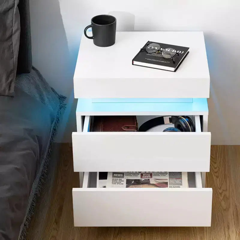 Comodino moderno a LED bianco/nero con 2 cassetti, per 1