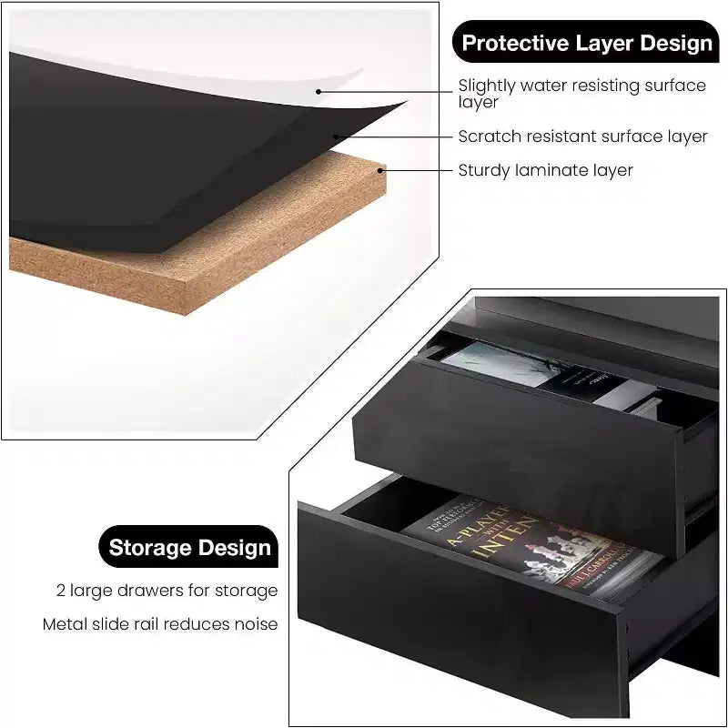 Comodino moderno a LED bianco/nero con 2 cassetti, per 1