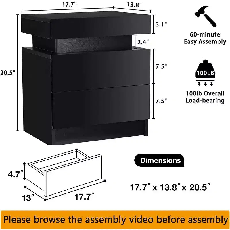 Comodino moderno a LED bianco/nero con 2 cassetti, per 1