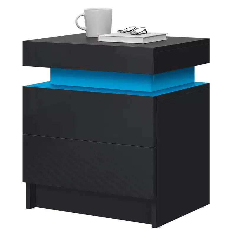 Comodino moderno a LED bianco/nero con 2 cassetti, per 1