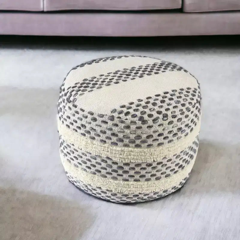 HomeRoots 18 Ivory and Blue Cotton Blend Round Striped Pouf Ottoman