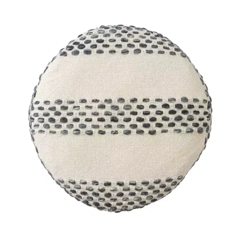 HomeRoots 18 Ivory and Blue Cotton Blend Round Striped Pouf Ottoman