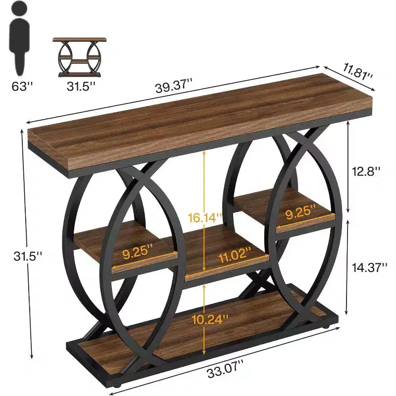 Lantine 39.37 Console Table, Industrial 4-Tier Sofa Table Narrow Wood Entryway Table with Storage Shelves