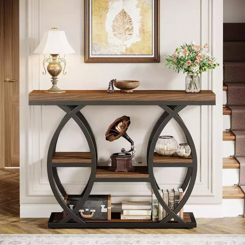 Lantine 39.37 Console Table, Industrial 4-Tier Sofa Table Narrow Wood Entryway Table with Storage Shelves