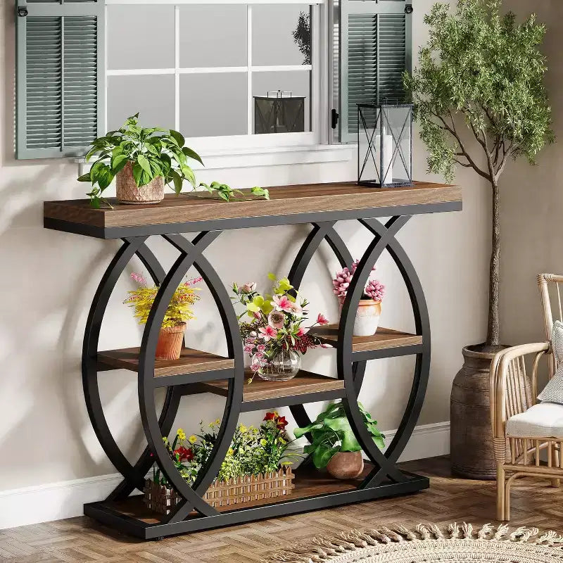 Lantine 39.37 Console Table, Industrial 4-Tier Sofa Table Narrow Wood Entryway Table with Storage Shelves