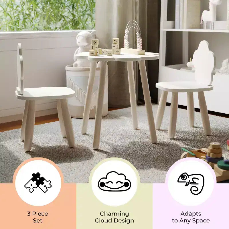 Buzz & Bloom Kids 3-Piece Wood Cloud-Shaped Table and Chairs Set